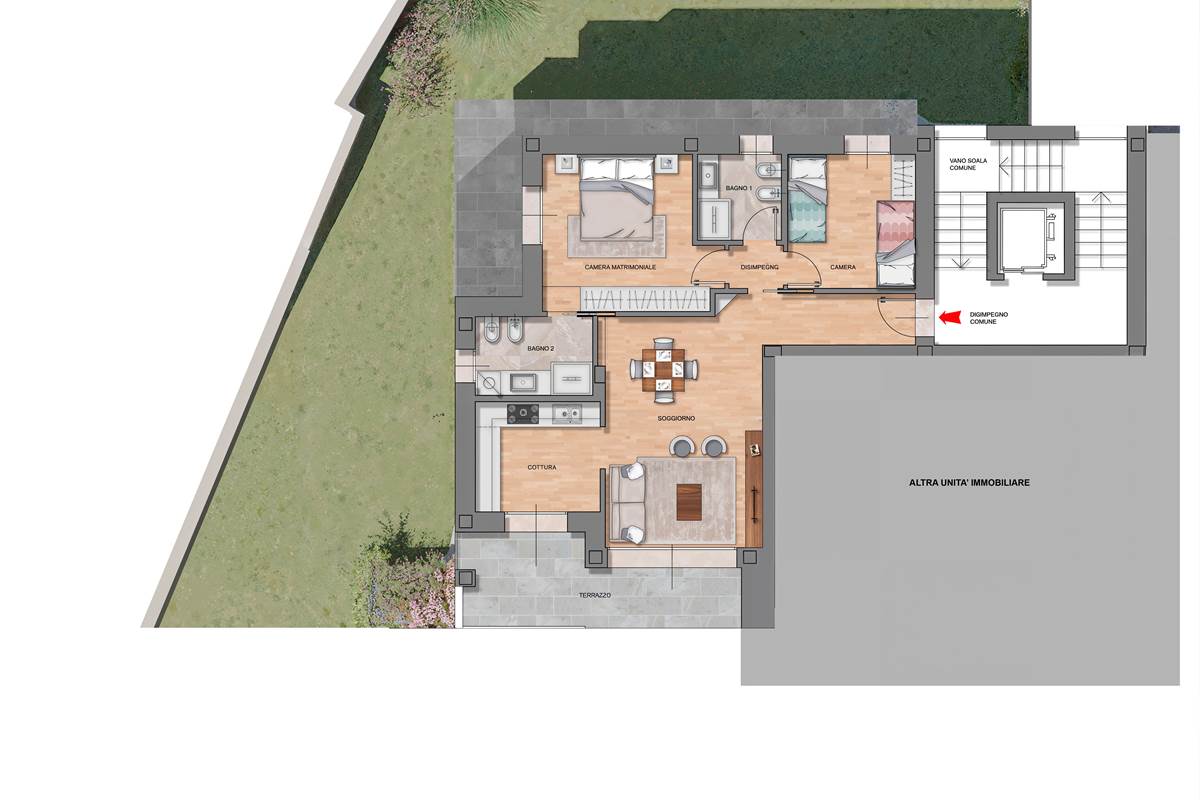 B/1- Trilocale con ampio terrazzo e giardino 