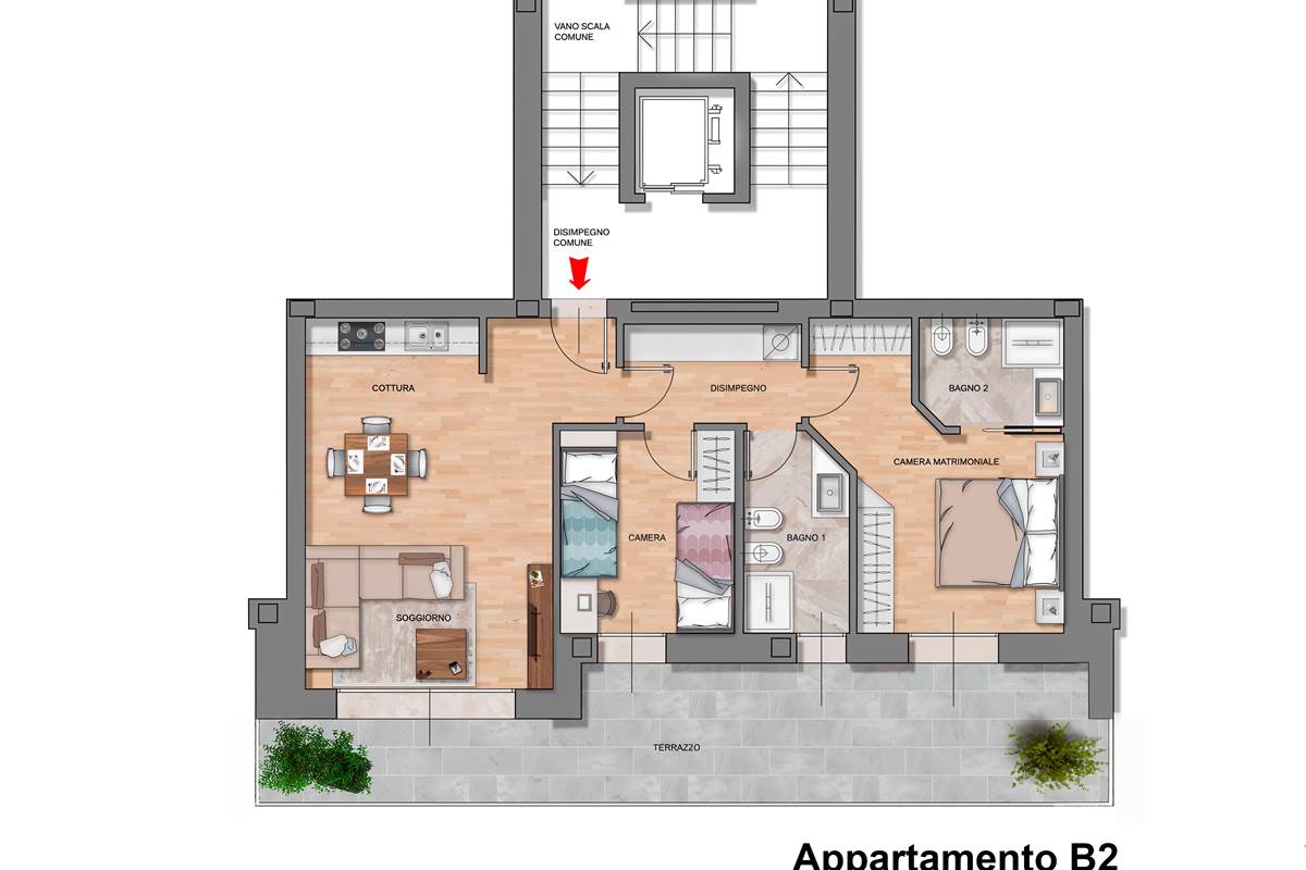 B/1- Trilocale con ampio terrazzo e giardino 