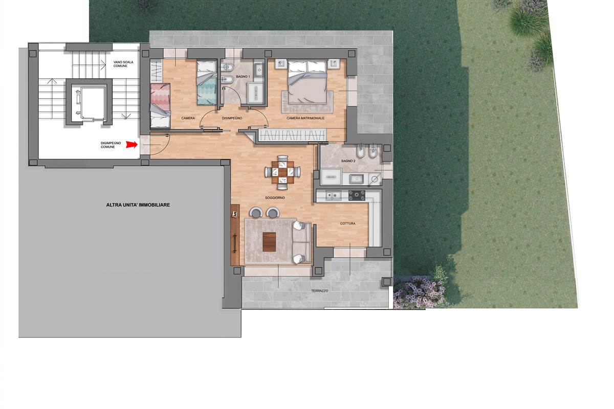 B/1- Trilocale con ampio terrazzo e giardino 