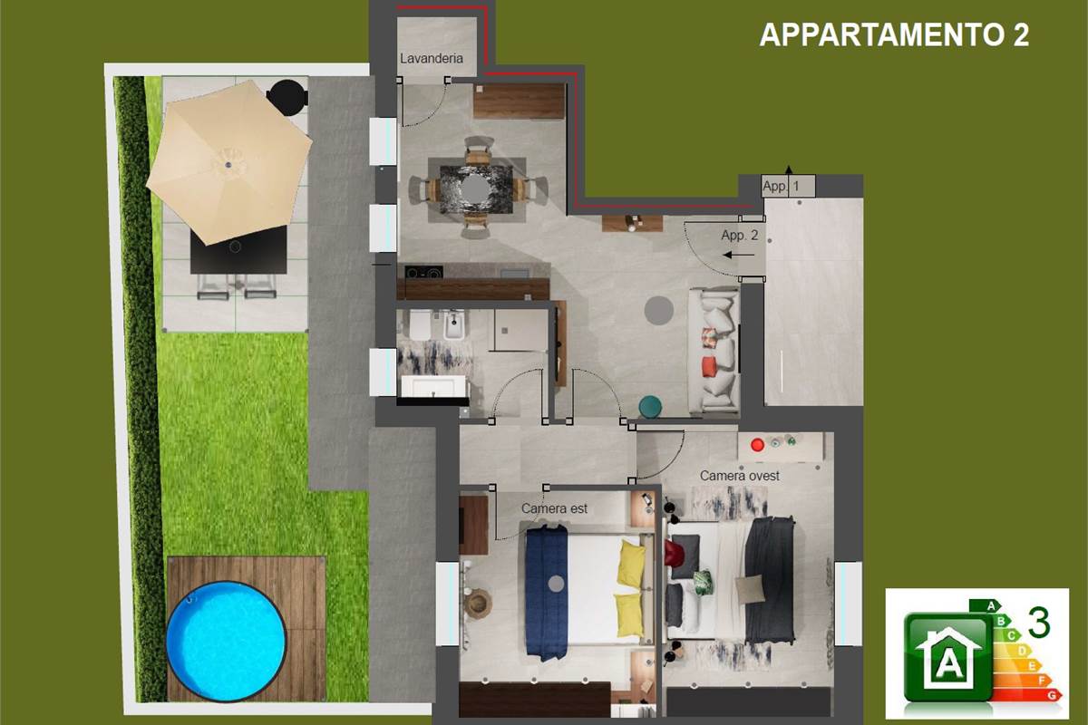 Signorile trilocale nuovo con giardino e posto auto