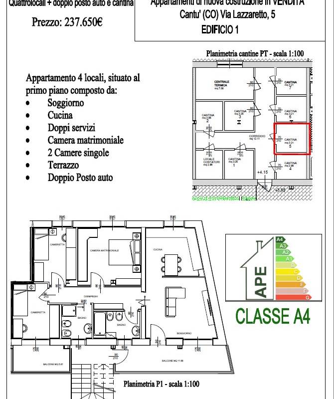 CANTU' nuovo QUADRILOCALE con cantina e 2 posti auto